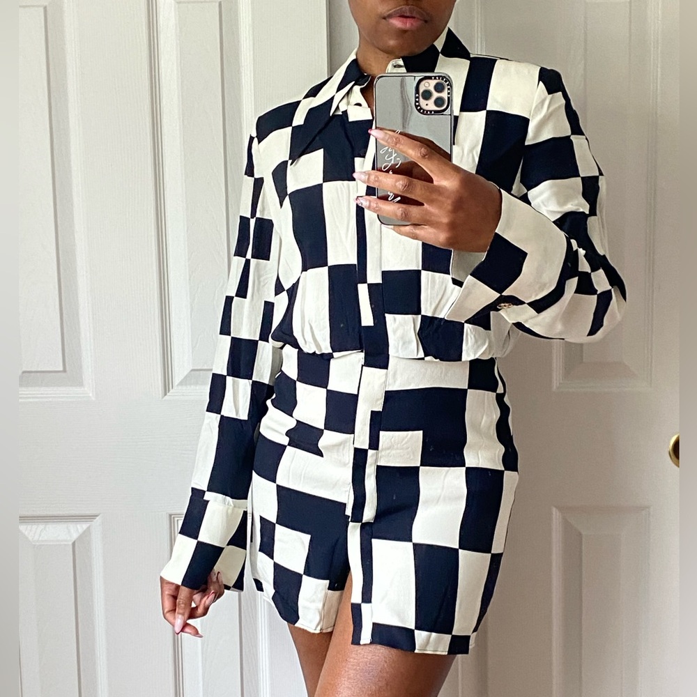 Mango black/white mini shirt dress